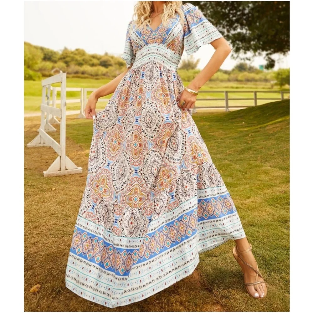 Boho Floral Print Butterfly Sleeve Maxi Dress - Picture 1 of 6